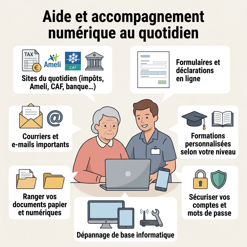 Voici quelques exemples concrets de ce que nous pouvons faire ensemble pendant un accompagnement à domicile.